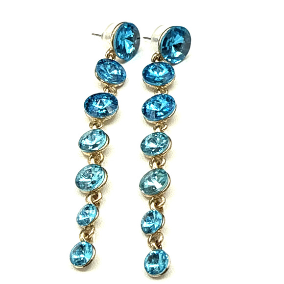 Rhinestone Earrings 3.5 in Aqua Blue Crystal Shoulder Duster Tassel Long Dangles - Picture 1 of 9